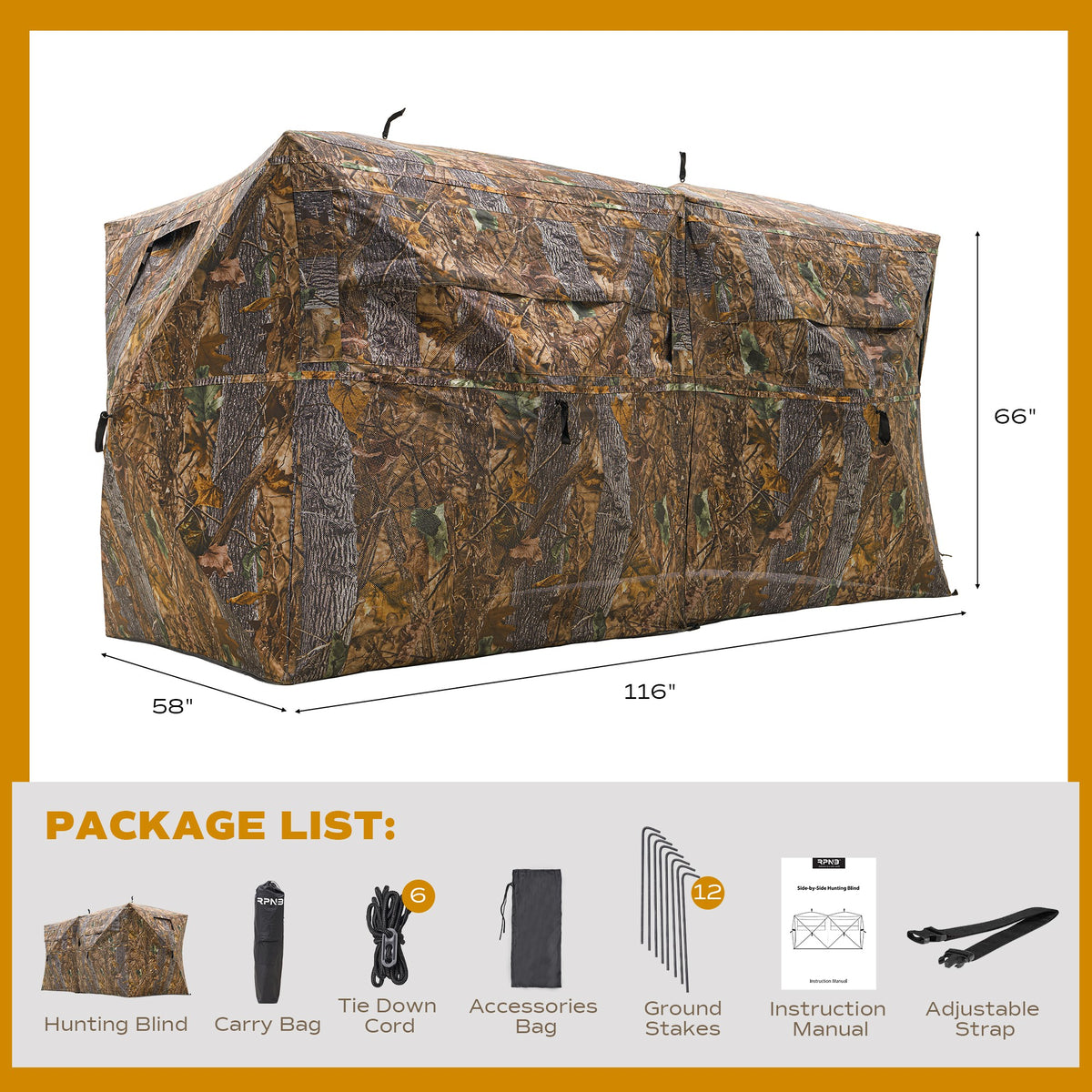 RPNB HGB-4 Camouflage  Hunting Blind One-Way See Through 4-6 Person Outside Dimensions &amp; Package List