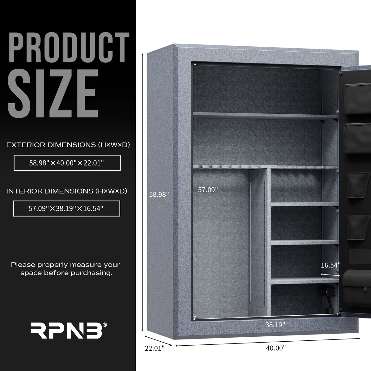 RPNB RPFS45-G 45 Gun Fireproof Biometric Gun Safe Grey Outside Dimensions