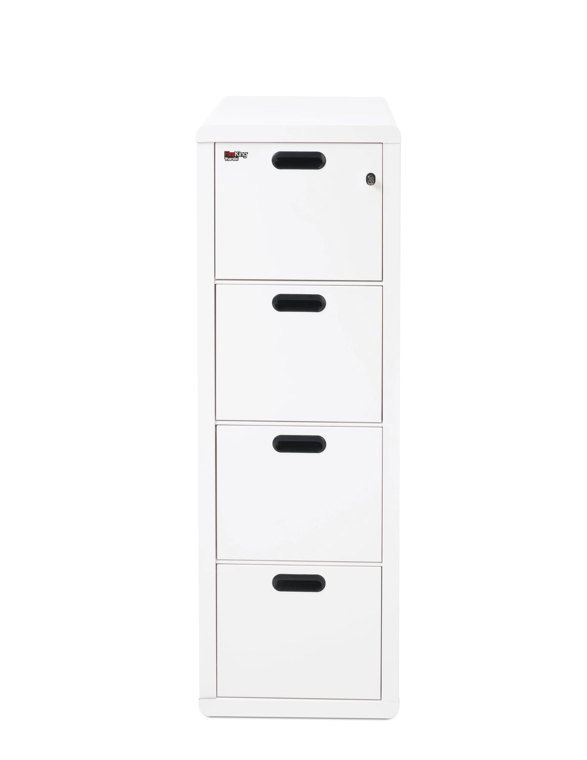 FireKing Turtle Contour 4-drawer fireproof file cabinet in Arctic White, closed with radiused edges and recessed handles