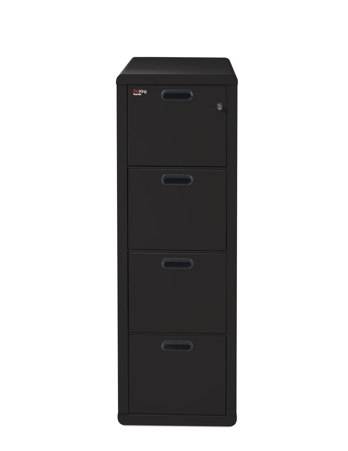 FireKing Turtle Contour 4-drawer fireproof file cabinet in Black, closed with radiused edges and recessed handles