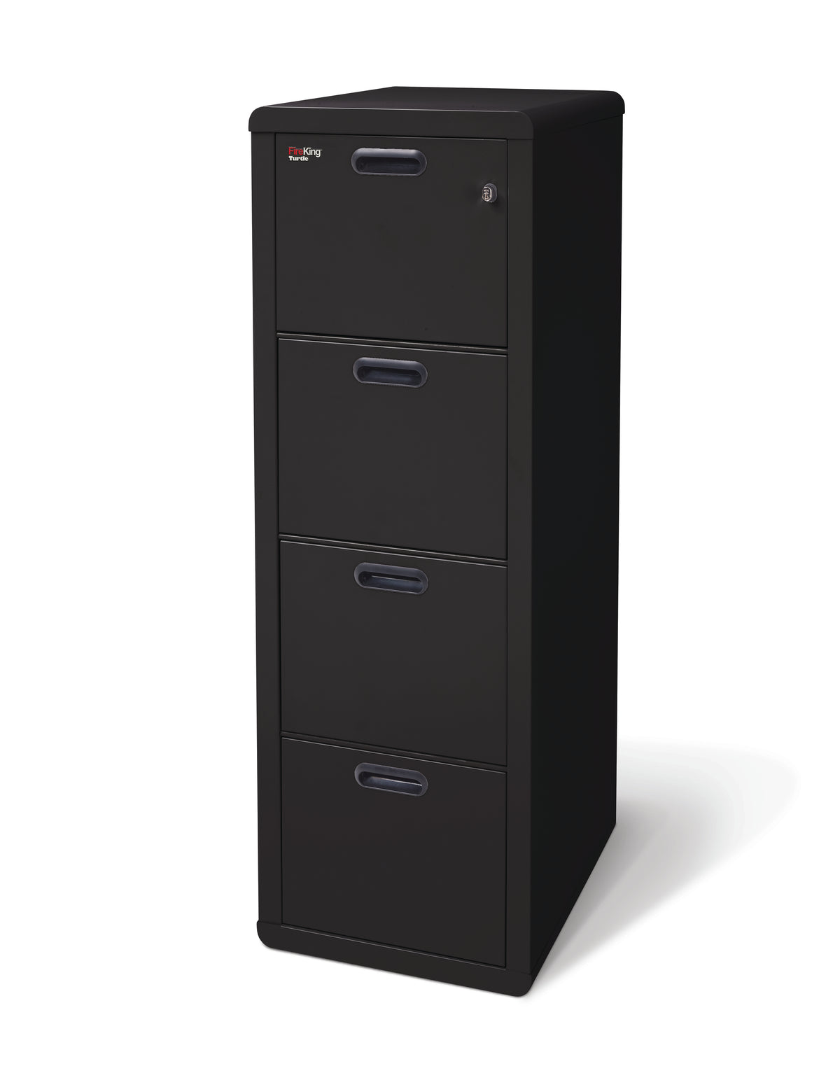 FireKing Turtle Contour 4-drawer in Black, left-front 3/4 angle showing all four drawers and radiused edges