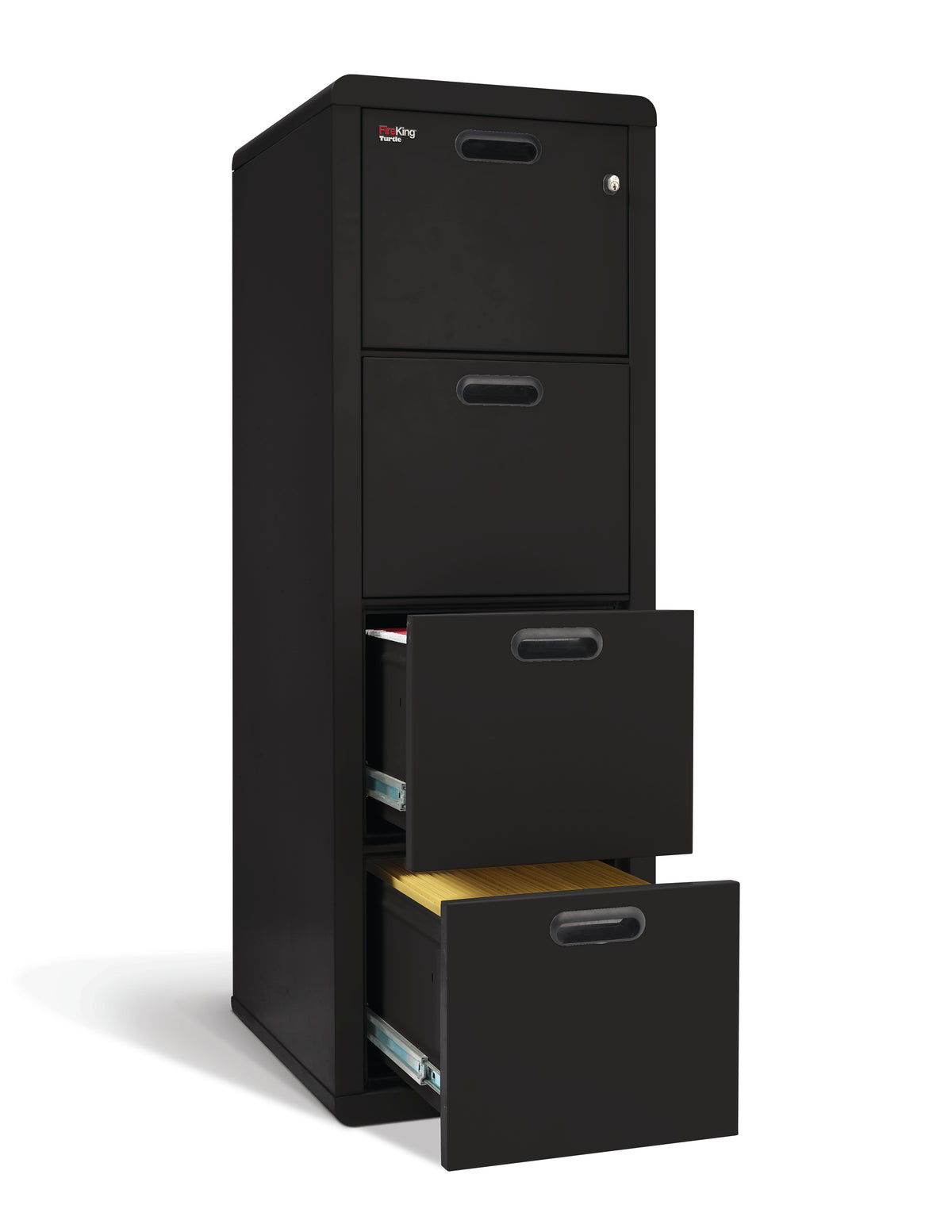 FireKing Turtle Contour 4-drawer in Black, bottom two drawers open showing letter and legal file capacity
