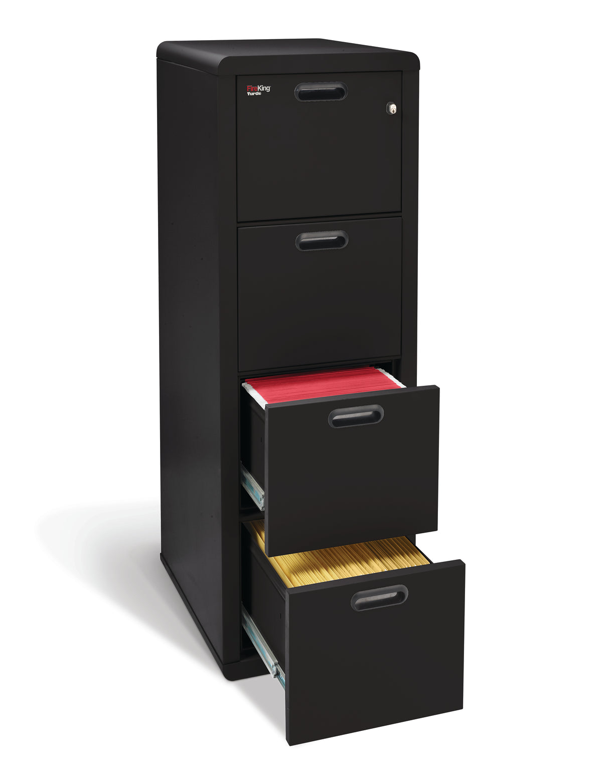 FireKing Turtle Contour 4-drawer in Black with drawers open showing red and yellow hanging folders