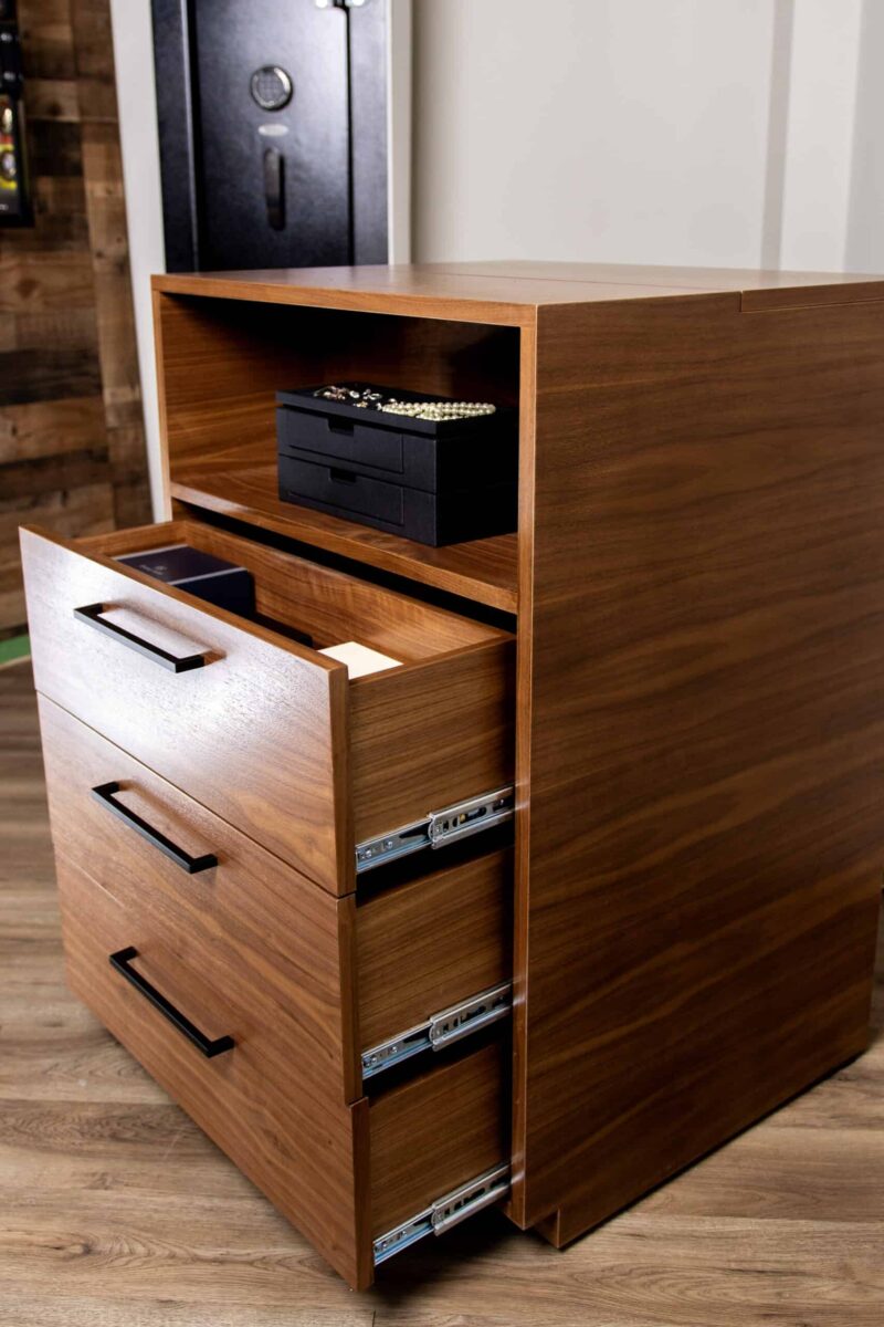 BlumSafe Concealment Cabinet with Hidden Safe Drawers Open