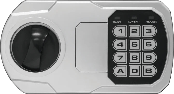 Digital keypad lock with a black dial on a white background