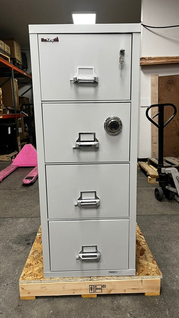 Front view of the file cabinet. It has a dial lock and Medeco key locking on the very top drawer. 