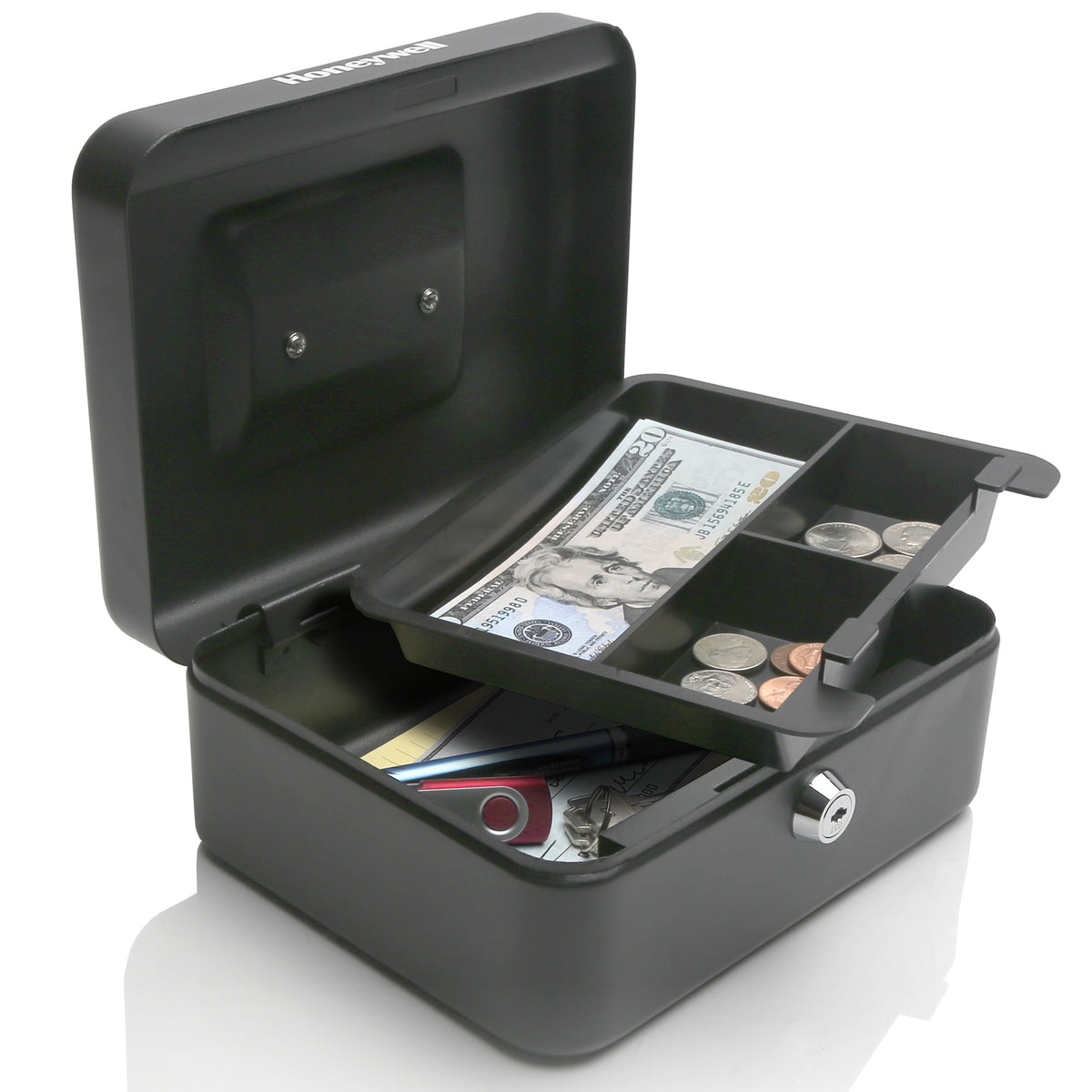 Honeywell 6202 Steel Cash Box with Key Lock & Removable Coin Tray With Cash, Coin & Contents in Bottom