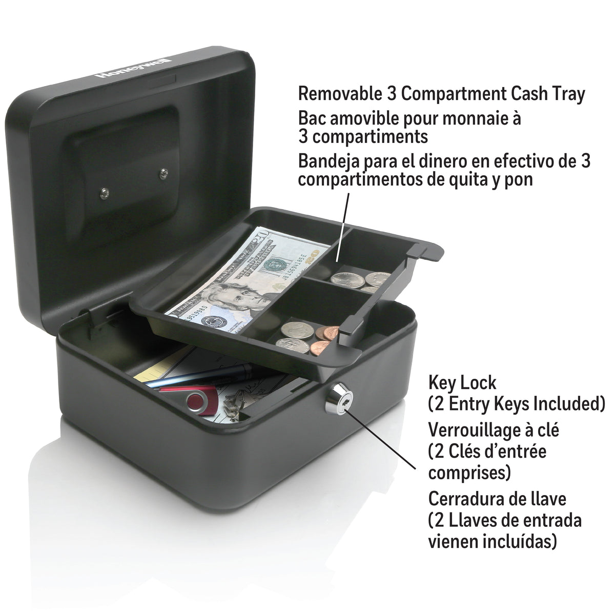 Honeywell 6202 Steel Cash Box with Key Lock & Removable Coin Tray Specs