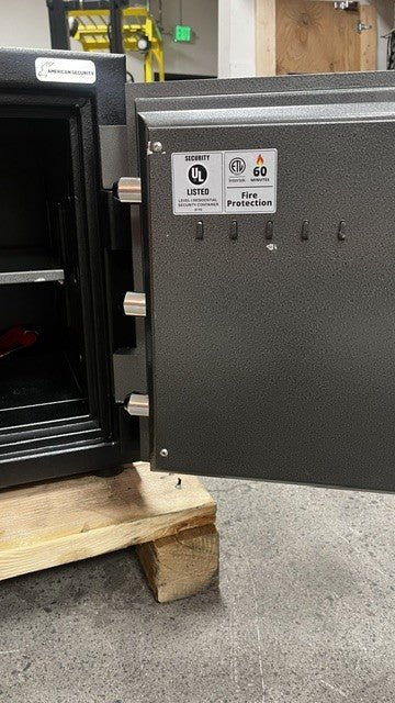 View of the UL rating of the safe for fire and burglar rating.