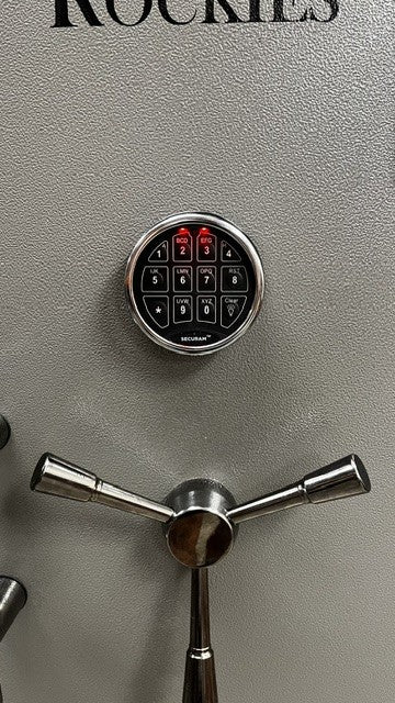 Close-up view of the digital lock. It is a top lit digital lock. 