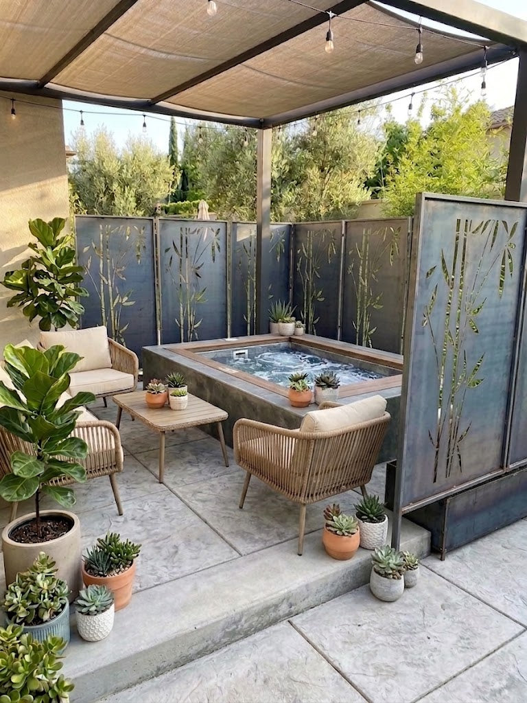 Ironman Bamboo Grove steel privacy screens installed in a two-pack configuration around a hot tub on a covered patio under a pergola with string lights, showing the freestanding raw-steel panels flanking the hot tub area alongside rope patio chairs, a wooden coffee table, potted succulents, and a fiddle-leaf fig plant
