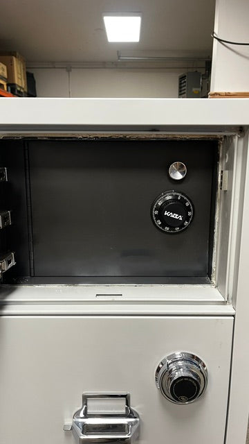 View of the Medeco key lock drawer. The secondary door has a dial lock. 