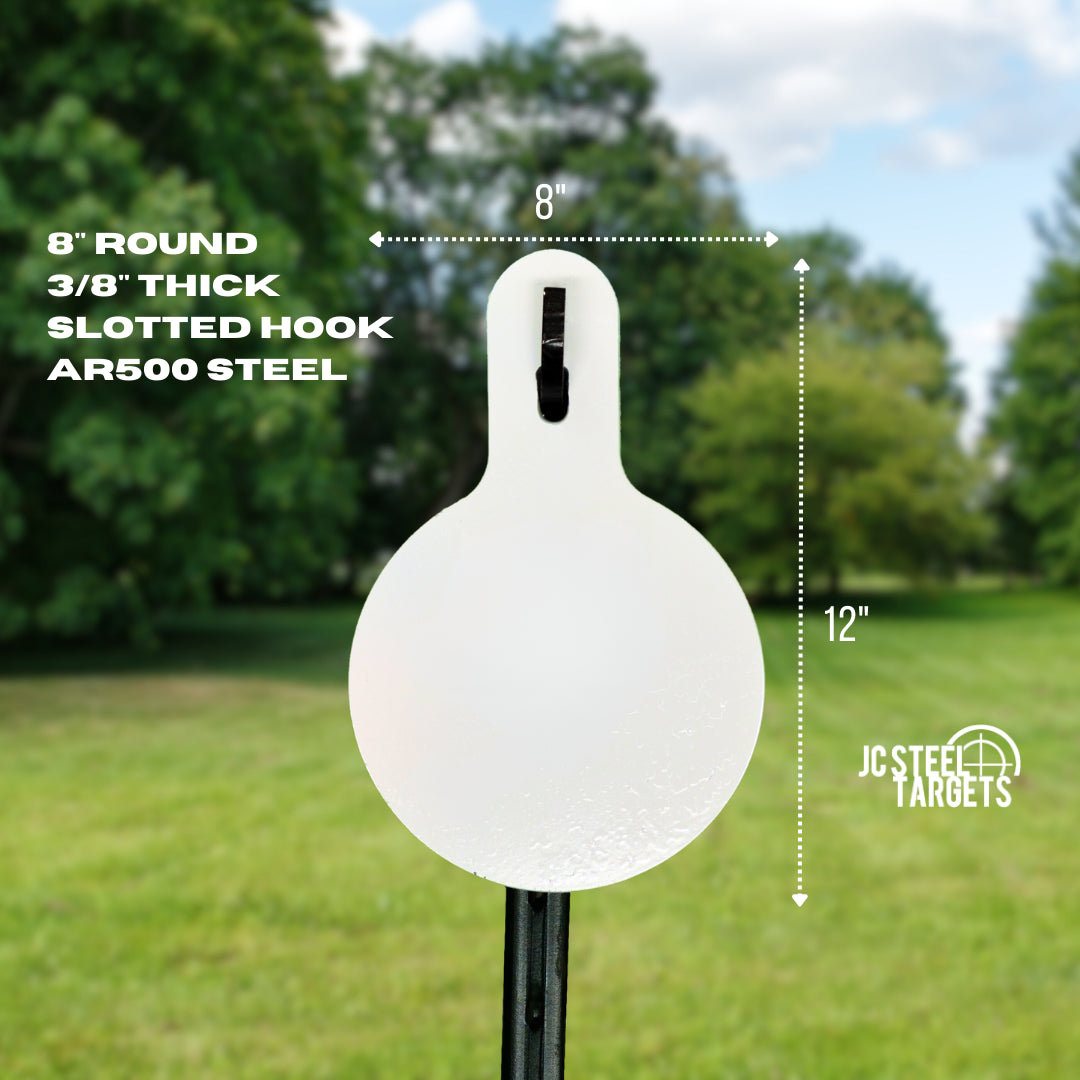 JC Steel Targets 8" Round 3/8" Thick Slotted Hook AR500 Steel Target 8R-38-SH Dimensions