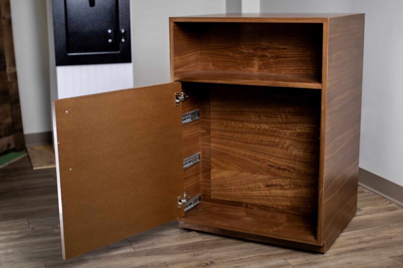 BlumSafe Concealment Cabinet with Hidden Safe Bottom Drawer Open