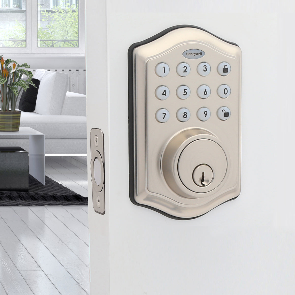Honeywell 8712309L Electronic Deadbolt Door Lock with Keypad in Satin Nickel Lifestyle