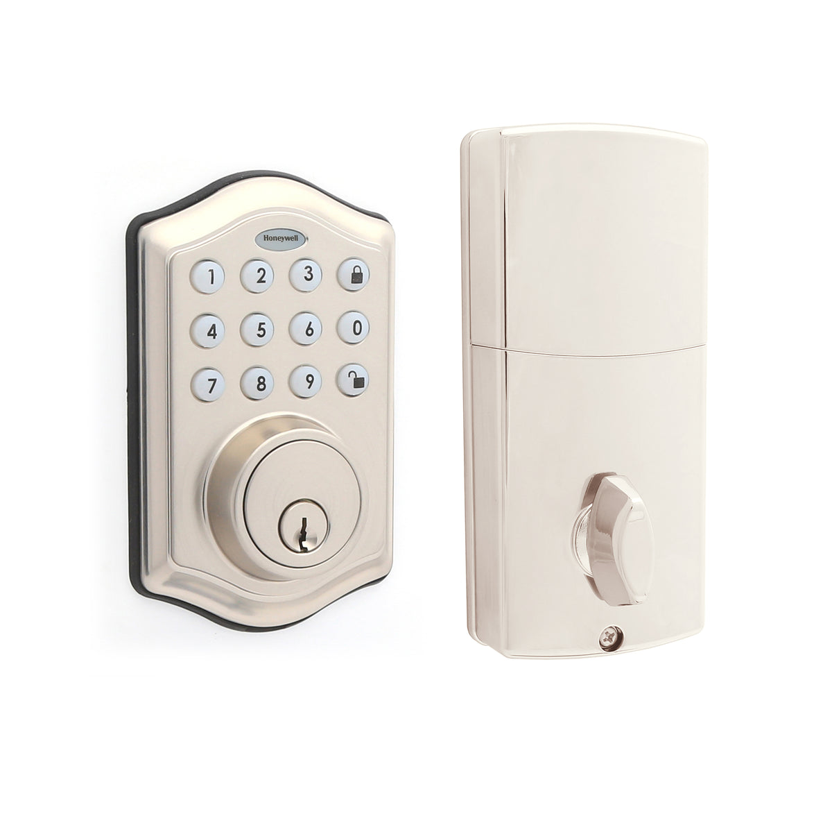Honeywell 8712309L Electronic Deadbolt Door Lock with Keypad in Satin Nickel Front &amp; Back