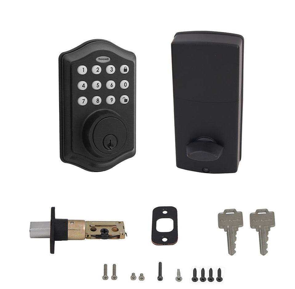 Honeywell 8712509 Electronic Deadbolt Door Lock with Keypad in Matte Black Contents