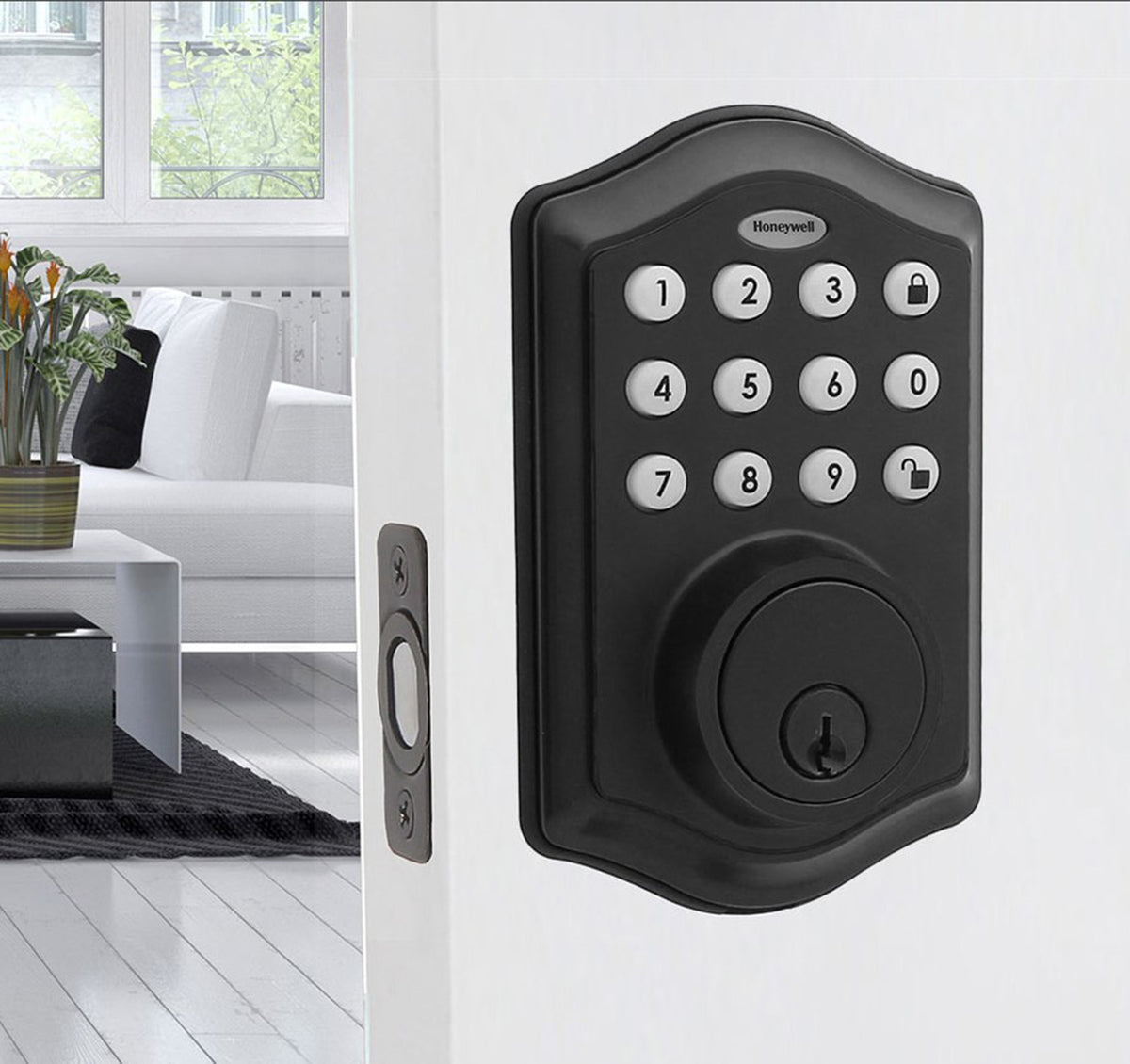 Honeywell 8712509 Electronic Deadbolt Door Lock with Keypad in Matte Black Lifestyle