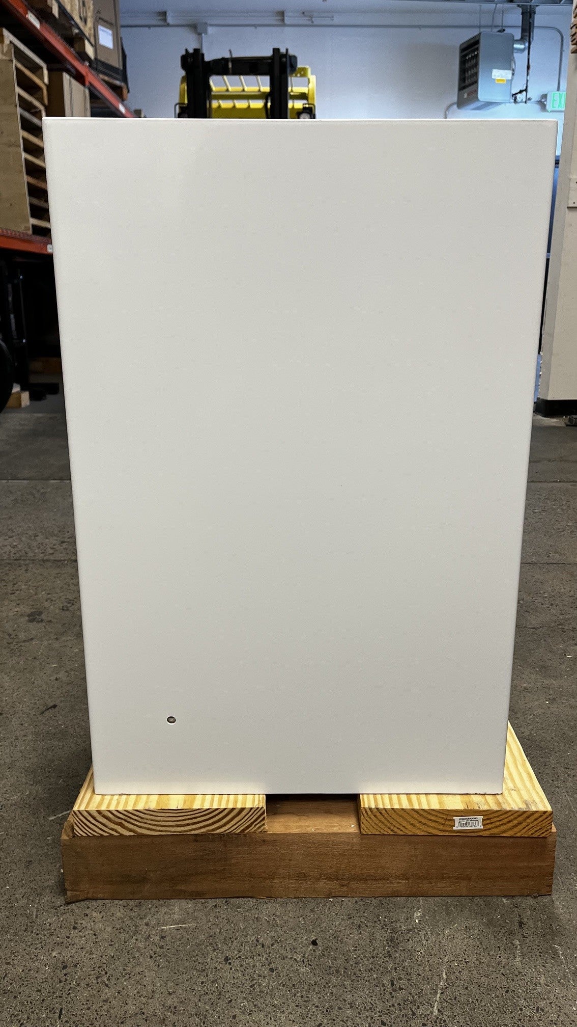 View of the backside of the safe. The safe has one predrilled hole on the lower left area to have a power cable go through it.