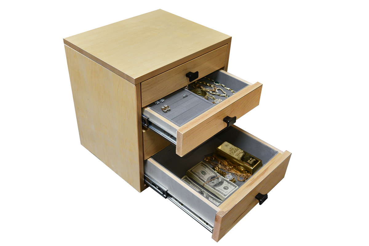 AMSEC BF3416 RSC Rated Jewelry Safe Top Cabinet Front Left 2 Drawers Open.