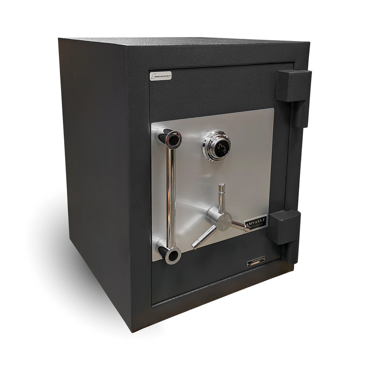 AMSEC American Security AMVAULT CF2518 TL30 high security composite burglar fire rated safe black front left closed.