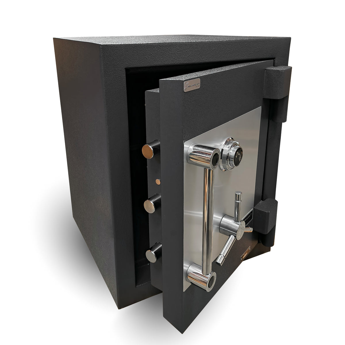AMSEC American Security AMVAULT CF2518 TL30 high security composite burglar fire rated safe black front left open.