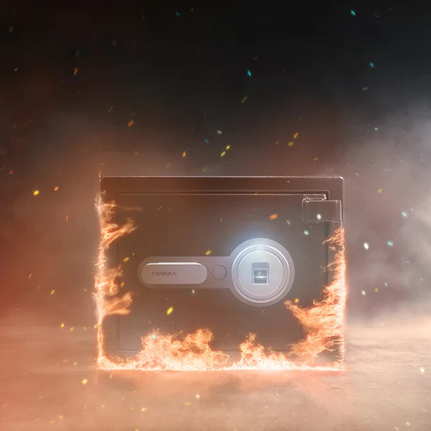Barska AX13498 Biometric Fireproof Safe - Black Surrounded by Fire
