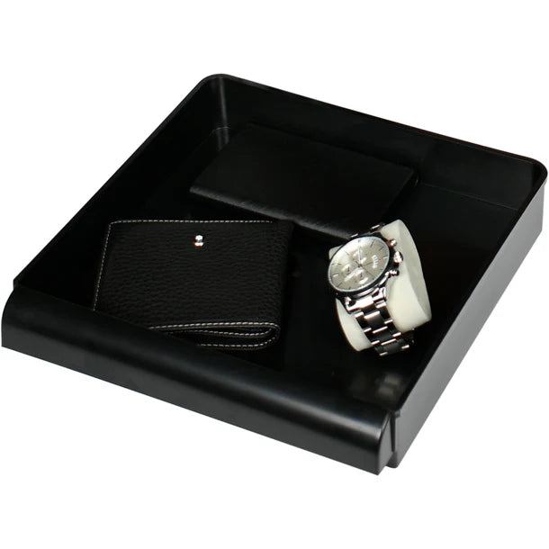 Barska AX14198 FV Pro 500 shelf tray shown loaded with a leather bifold wallet, a small leather pouch, and a chrome wristwatch, demonstrating the organized storage capacity of the included tray accessory