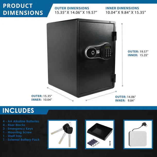 Barska AX14198 FV Pro 500 dimensions and included accessories diagram showing outer dimensions of 15.35 by 14.06 by 19.57 inches and inner dimensions of 10.04 by 9.84 by 15.35 inches, plus included accessories: 4 AA alkaline batteries, 4 riser blocks, 3 emergency keys, 1 mounting screw, 1 shelf tray, and 1 external battery pack