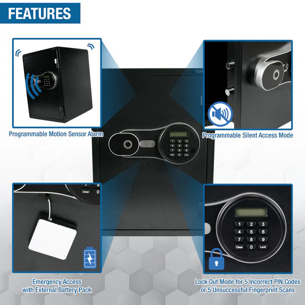 Barska AX14198 FV Pro 500 features detail infographic showing programmable motion sensor alarm, programmable silent access mode, emergency access with external battery pack via USB port, and lock-out mode triggered after 5 incorrect PIN code attempts or 5 unsuccessful fingerprint scans