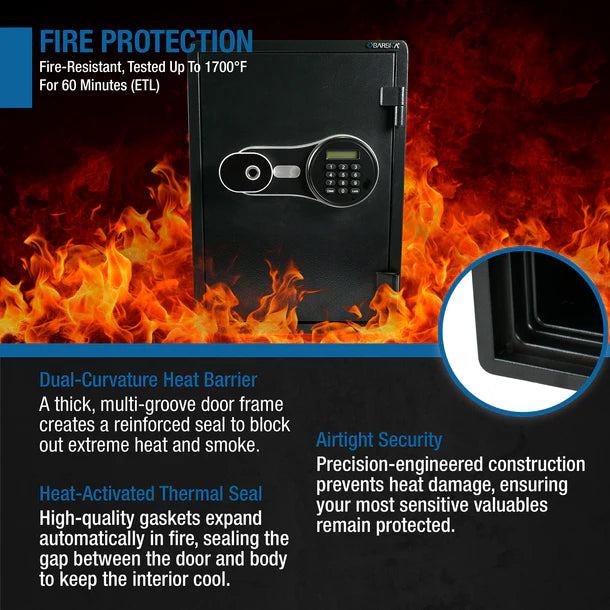 Barska AX14198 FV Pro 500 fire protection features infographic showing dual-curvature heat barrier with reinforced door frame seal, heat-activated thermal seal that expands automatically in fire, and airtight construction to prevent heat damage to interior contents