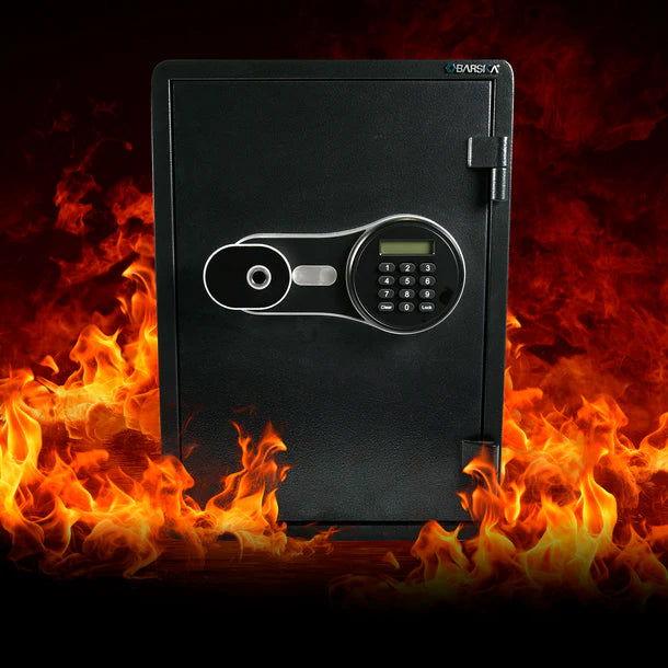 Barska AX14198 FV Pro 500 biometric fire resistant safe shown surrounded by flames, demonstrating the ETL-tested 60-minute fire resistance at 1,700 degrees Fahrenheit
