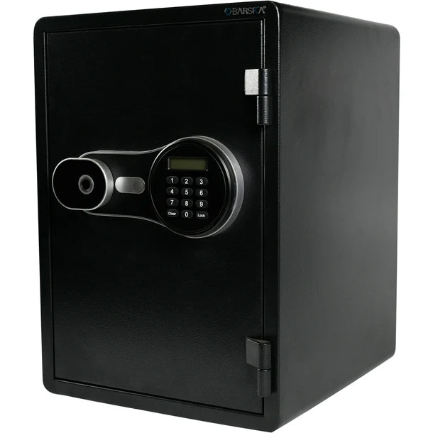 Barska AX14198 FV Pro 500 biometric fire resistant safe in matte black shown from a slight left angle showing the depth of the safe body, biometric scanner and keypad lock plate on the door, and external hinges