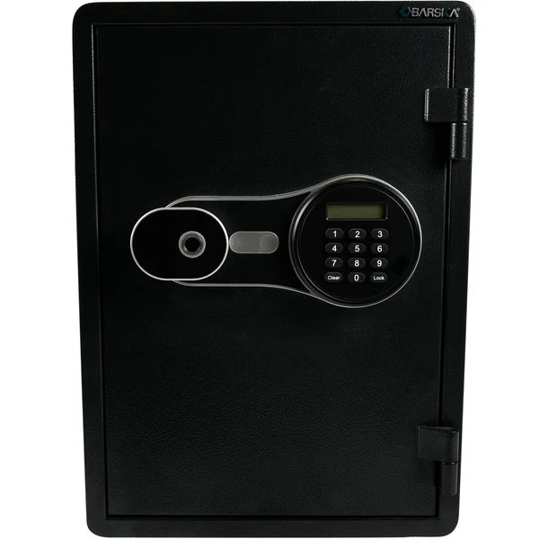 Barska AX14198 FV Pro 500 biometric fire resistant safe in matte black, centered front view showing the oval lock plate with fingerprint scanner and backlit keypad, Barska branding at top, and clean matte black finish