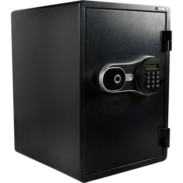 Barska AX14198 FV Pro 500 biometric fire resistant safe in matte black shown from a left rear angle showing the full body depth and matte black powder coat finish