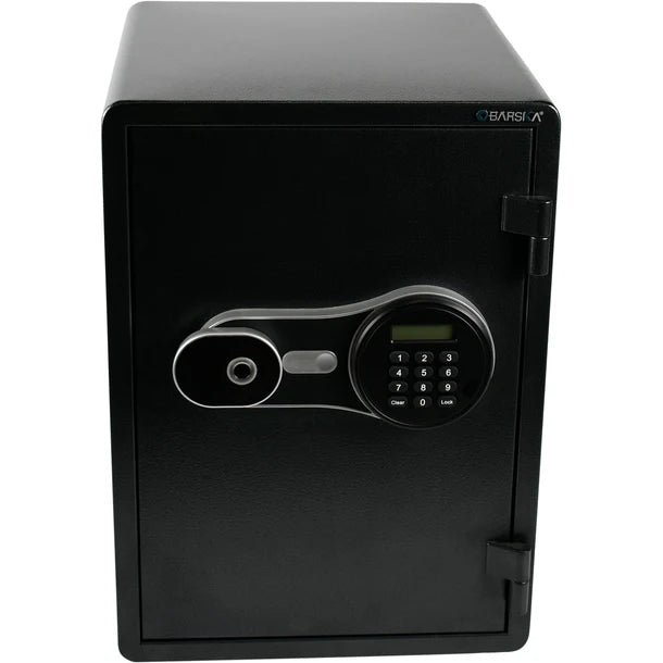 Barska AX14198 FV Pro 500 biometric fire resistant safe shown from a right front angle showing the top and right side of the safe body plus the biometric scanner and keypad lock plate on the door