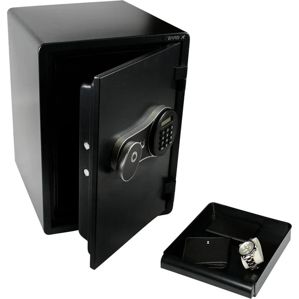 Barska AX14198 FV Pro 500 biometric fire resistant safe shown with door partially open beside the included shelf tray loaded with a wallet, small pouch, and watch, displaying the safe and its organizer accessory together