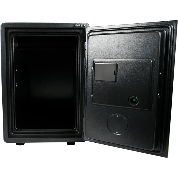 Barska AX14198 FV Pro 500 biometric fire resistant safe with door fully open showing the empty interior compartment, active steel live bolts on the door edge, and battery backup access port visible on the outside edge of the door