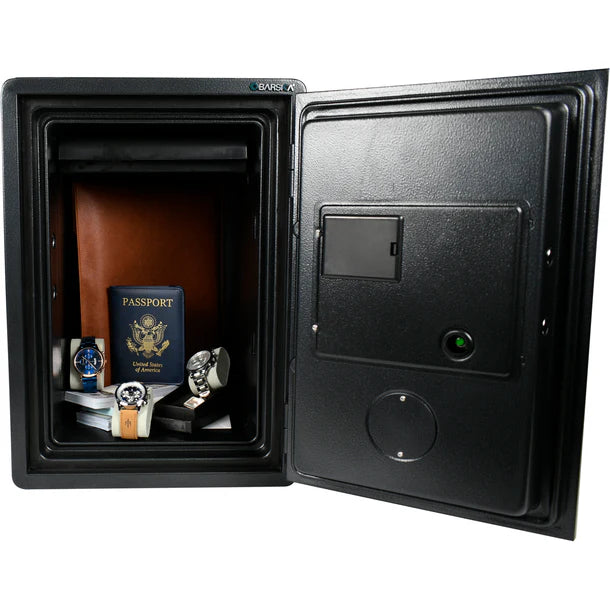 Barska AX14198 FV Pro 500 biometric fire resistant safe with door open showing interior loaded with a United States passport, three wristwatches on display stands, and a small jewelry box, demonstrating the 0.88 cubic foot storage capacity