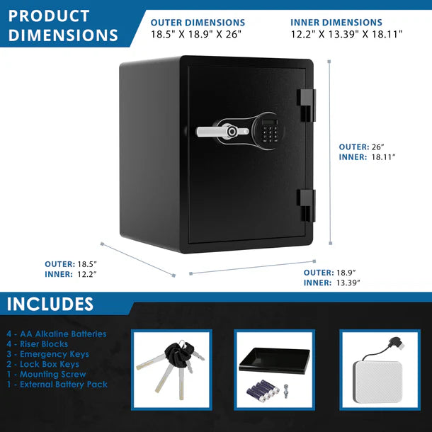 Barska AX14200 FV Pro 600 dimensions and included accessories diagram showing outer dimensions of 18.5 by 18.9 by 26 inches and inner dimensions of 12.2 by 13.39 by 18.11 inches, plus included accessories: 4 AA alkaline batteries, 4 riser blocks, 3 emergency keys, 2 lock box keys, 1 mounting screw, and 1 external battery pack