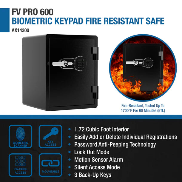 Barska AX14200 FV Pro 600 features infographic showing the safe surrounded by flames with key specs: 1.71 cubic foot interior, biometric scanner and PIN code access, ETL-tested fire resistance up to 1,700 degrees Fahrenheit for 60 minutes, password anti-peeping technology, lock-out mode, motion sensor alarm, silent access mode, and 3 backup keys