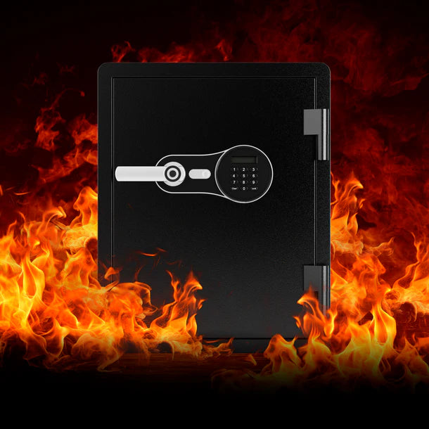 Barska AX14200 FV Pro 600 biometric fire resistant safe shown surrounded by flames, demonstrating the ETL-tested 60-minute fire resistance at 1,700 degrees Fahrenheit