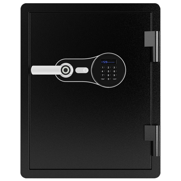 Barska AX14200 FV Pro 600 biometric fire resistant safe in matte black with the LCD display active showing a numeric readout, biometric scanner and backlit keypad visible, front view