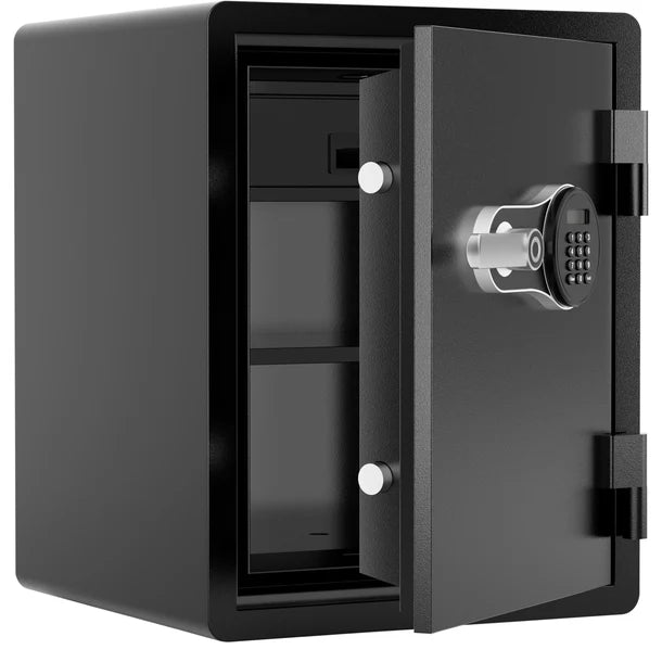 Barska AX14200 FV Pro 600 biometric fire resistant safe in matte black with door open from the front showing the interior with the lockable top drawer, adjustable shelf, and battery backup port visible on the outside edge of the door