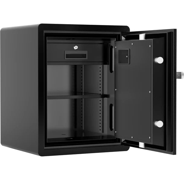 Barska AX14200 FV Pro 600 biometric fire resistant safe in matte black with door fully open showing the interior compartment with a lockable steel drawer at the top, one adjustable shelf, and two active steel live bolts visible on the door edge