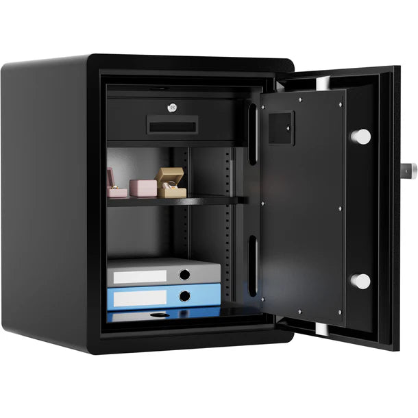 Barska AX14200 FV Pro 600 biometric fire resistant safe with door open displaying loaded interior storage: jewelry boxes and a watch on the adjustable shelf, and file folder binders on the bottom of the safe, demonstrating the 1.71 cubic foot storage capacity