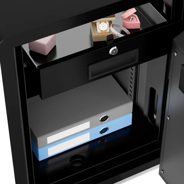 Barska AX14200 FV Pro 600 biometric fire resistant safe interior close-up showing the lockable top drawer with its keyed lock, jewelry boxes with a wristwatch and pearl necklace on the shelf, and blue file folder binder below