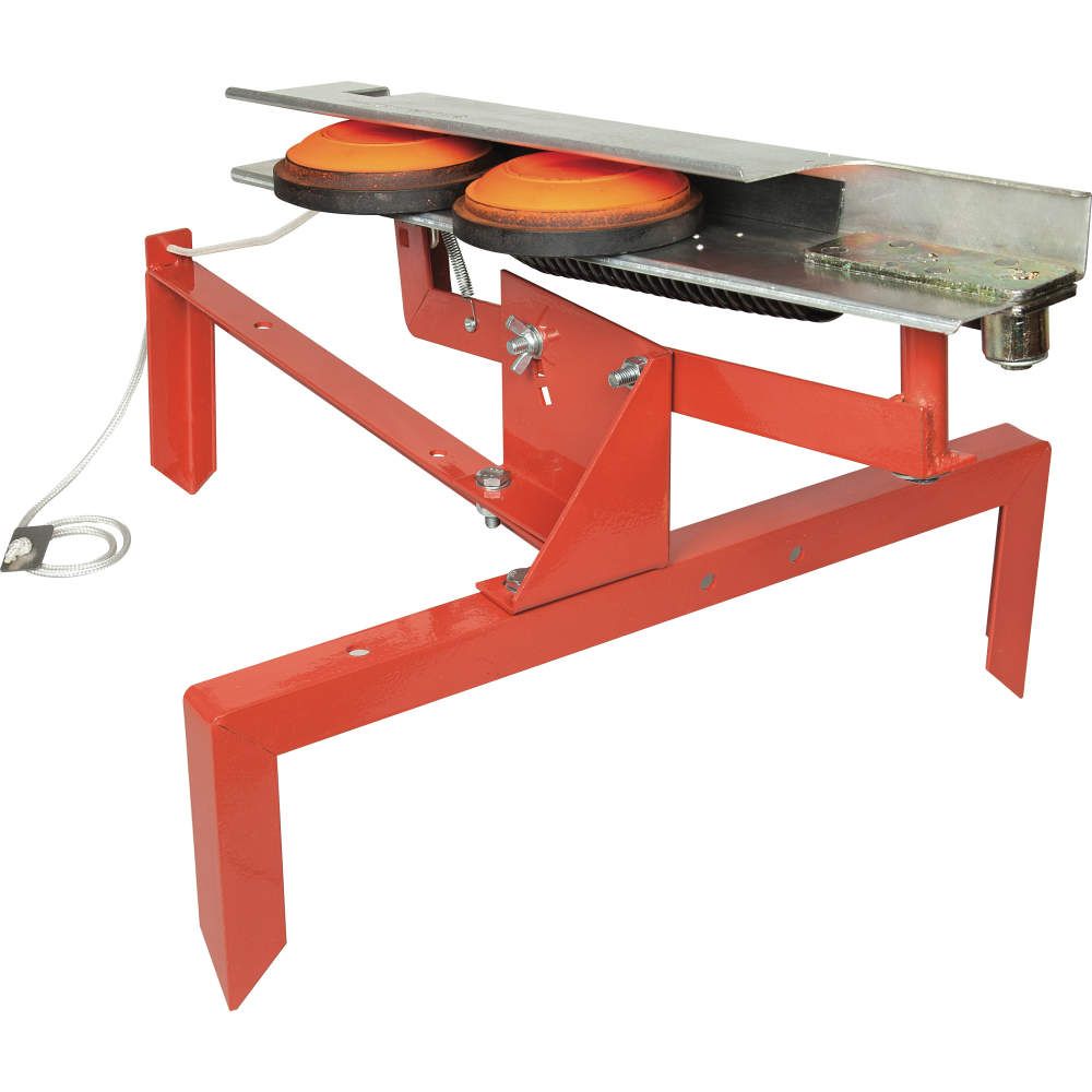 Allen 15236 EZ Aim Claymaster sporting clay target thrower with pull cord (orange) — view of the clay pigeon launcher arm and base on a white background