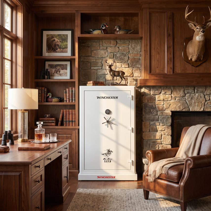 Winchester Big Daddy XLT Heritage White staged in a wood-paneled lodge study with stone fireplace and leather chair