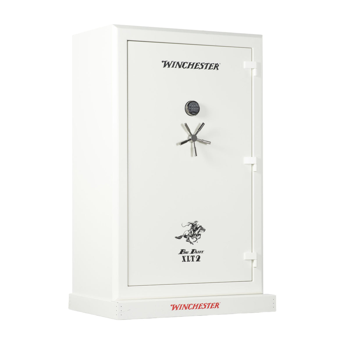 Winchester Big Daddy XLT Heritage White closed, crisp white body with black Winchester logo, keypad, and 5-spoke chrome handle